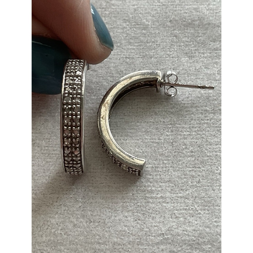 Vintage 925 Sterling Silver Half Hoop Earrings Clear Stones Estate Jewelry